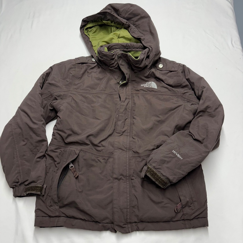 The North Face Boys HyVent Hooded Parka Jacket Brown Lime Green Size M 10/12